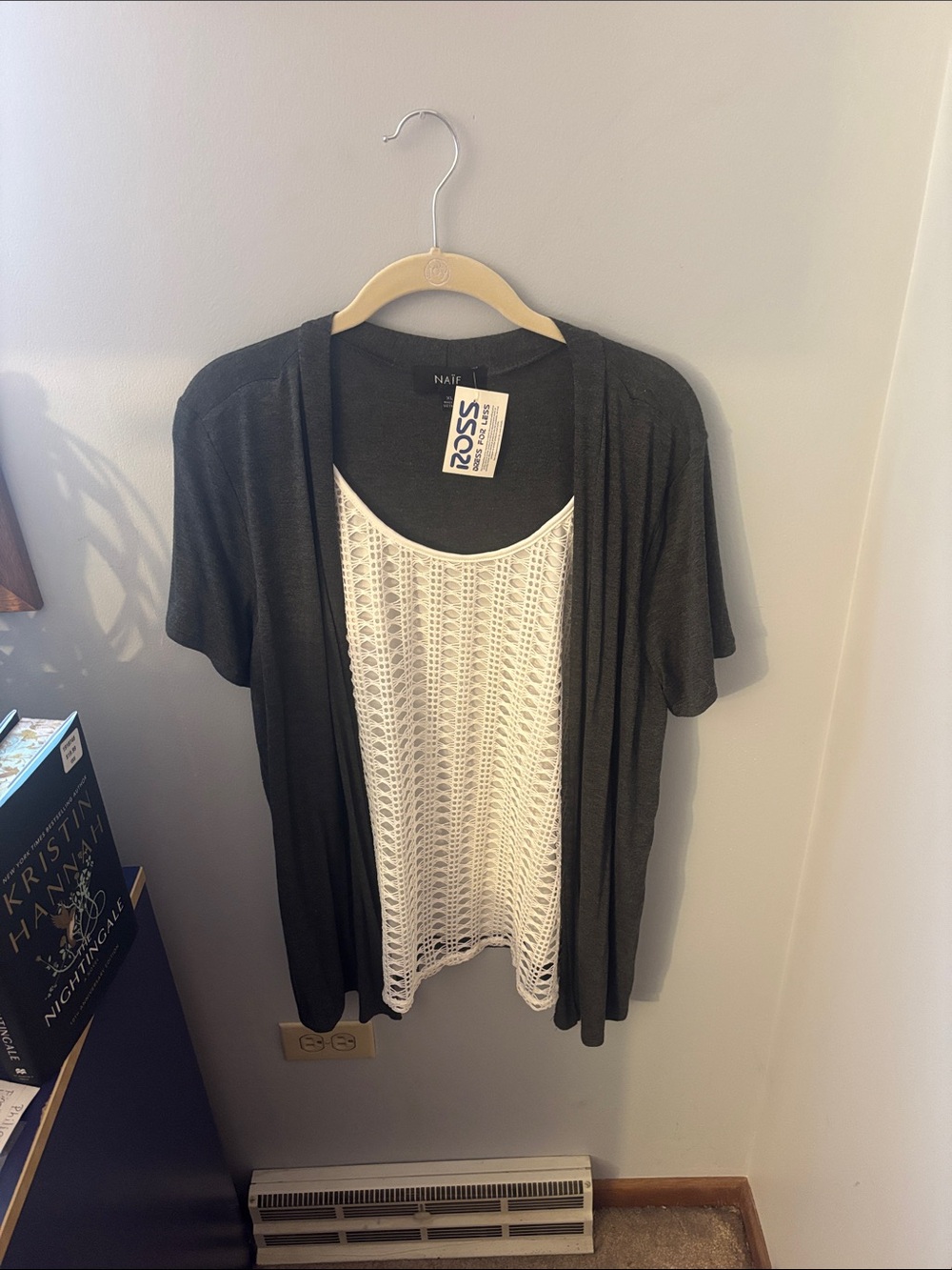 NAIF Grey Short-Sleeve Cardigan with White Crochet Tank Top Size XL